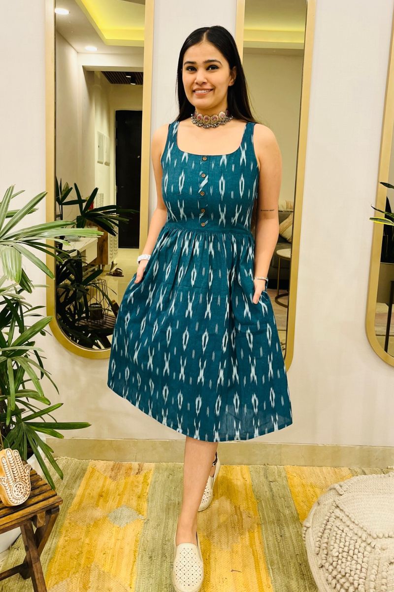 TEAL GREEN IKAT FLARED DRESS - salesmania