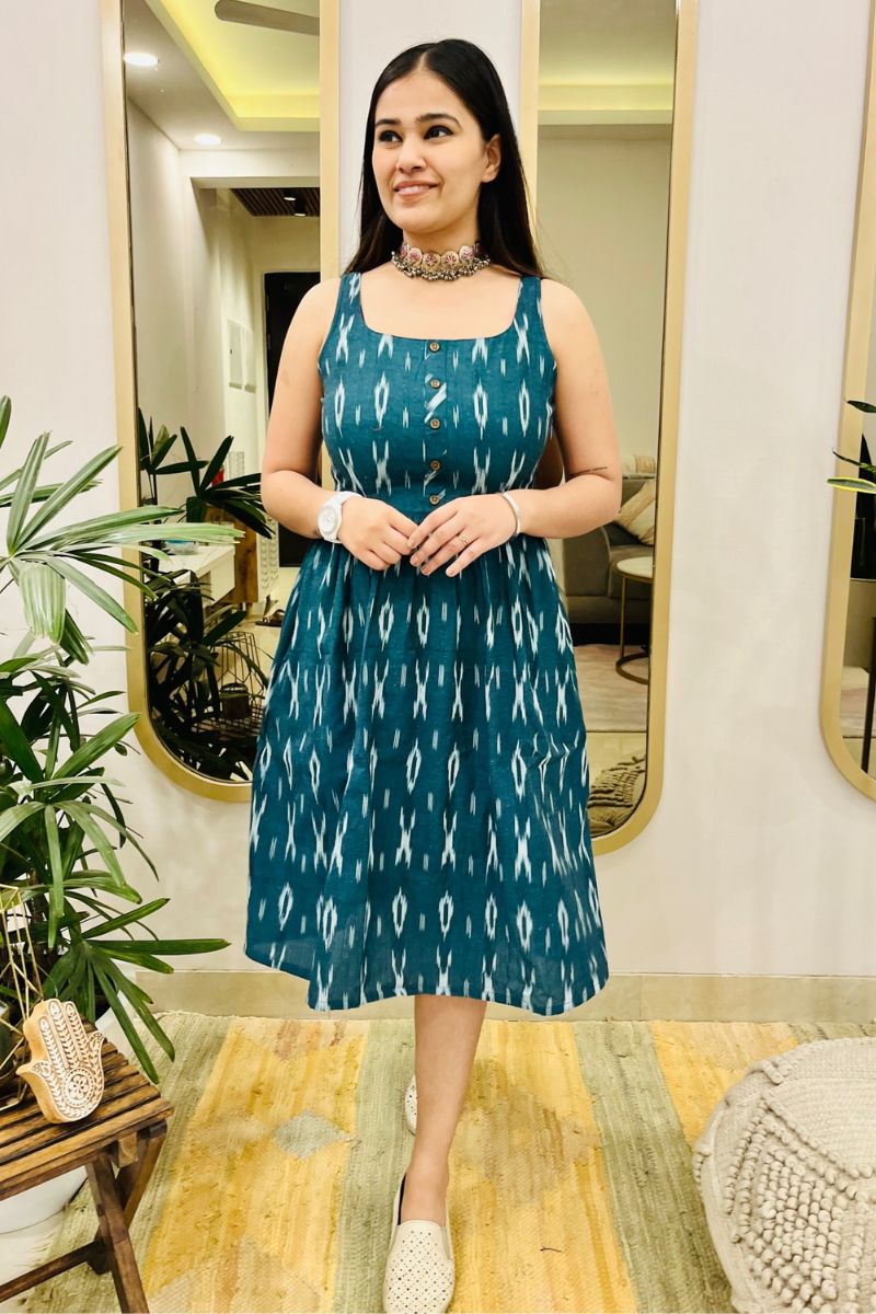 TEAL GREEN IKAT FLARED DRESS - salesmania