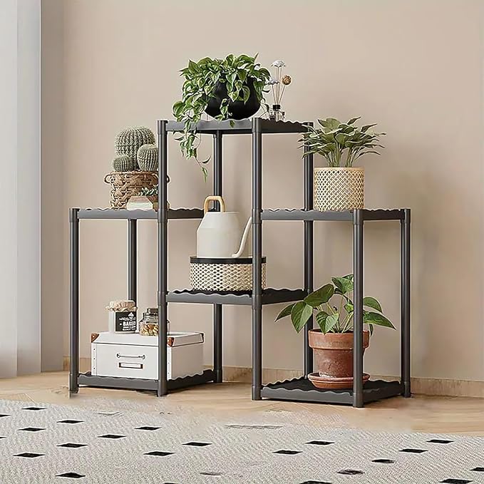 Tier Plastic Plant Stand with Wheels (Black) - salesmania