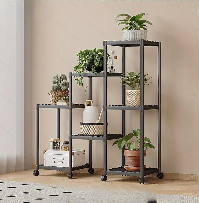 Tier Plastic Plant Stand with Wheels (Black) - salesmania