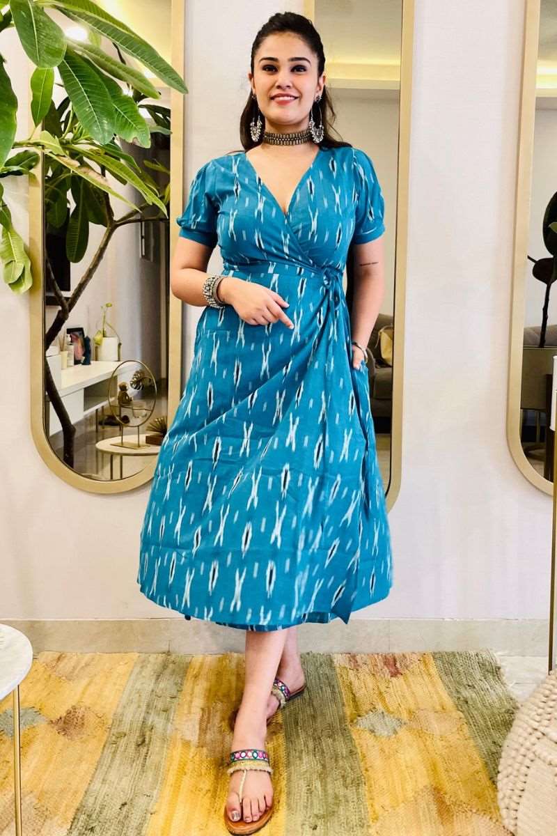 TURQUOISE IKAT WRAP DRESS - salesmania