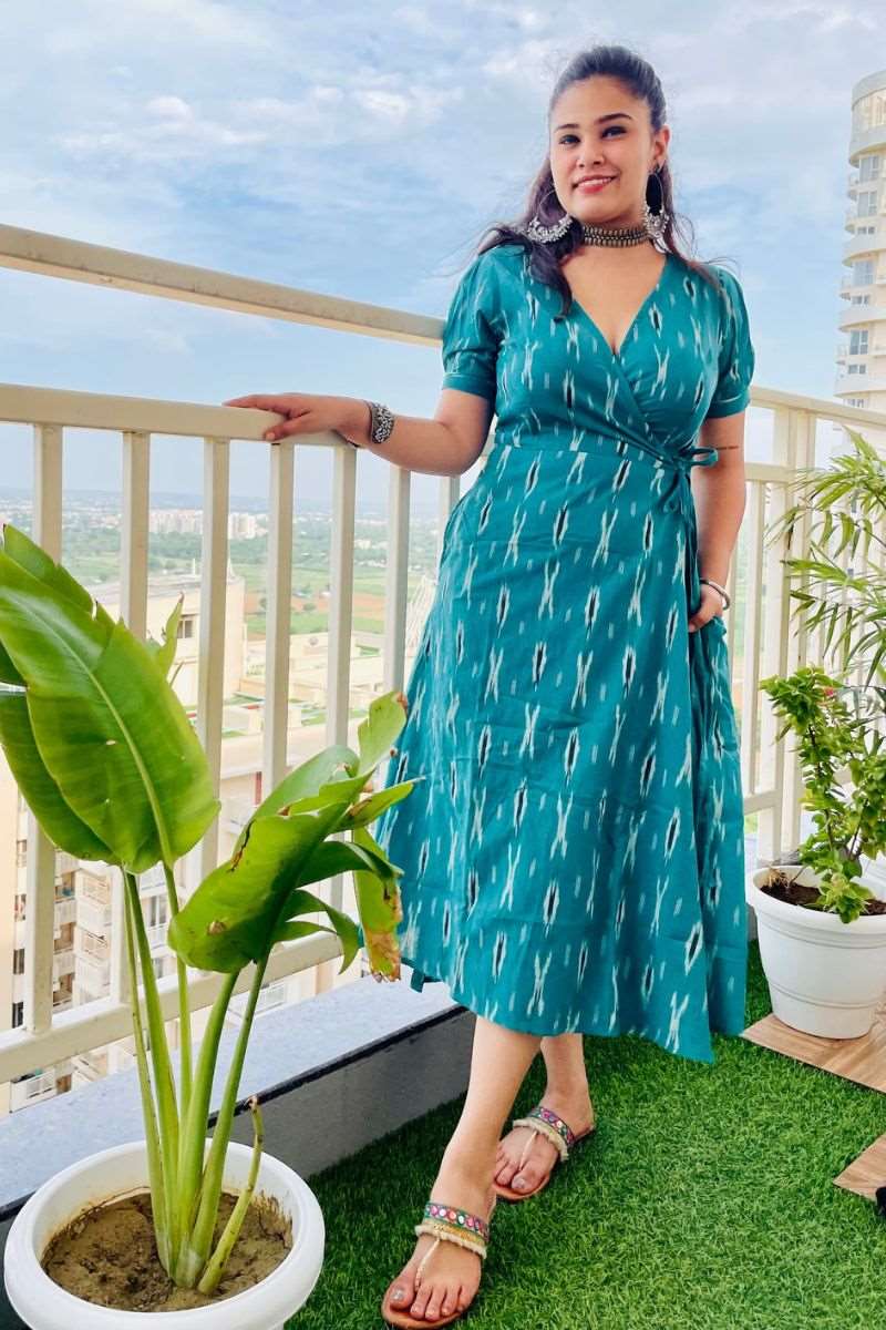 TURQUOISE IKAT WRAP DRESS - salesmania