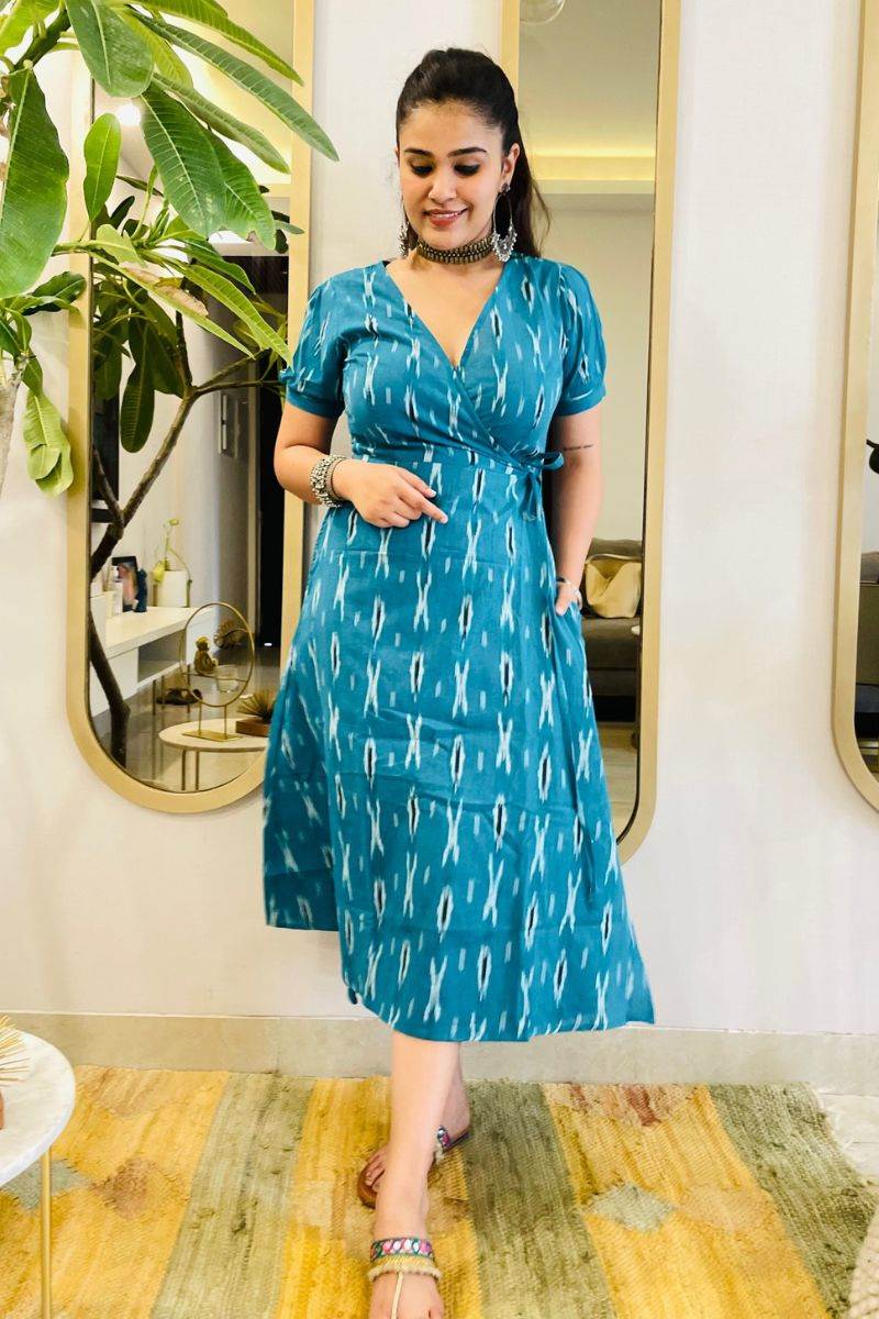 TURQUOISE IKAT WRAP DRESS - salesmania