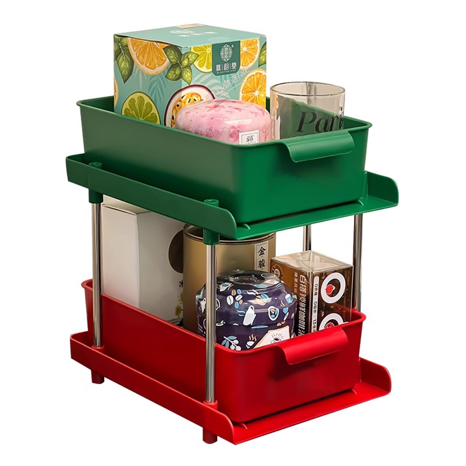 Under Sliding Cabinet Basket Organizer, 2 Layer Organizers (Green/Red) - salesmania