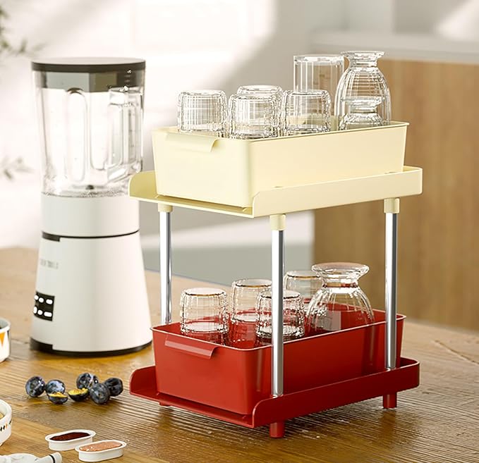 Under Sliding Cabinet Basket Organizer, 2 Layer Organizers (Green/Red) - salesmania