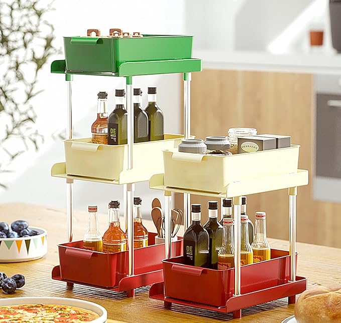 Under Sliding Cabinet Basket Organizer, 2 Layer Organizers (Red/Cream) - salesmania