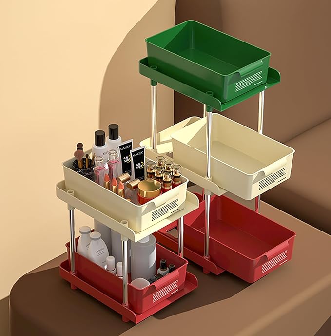 Under Sliding Cabinet Basket Organizer, 2 Layer Organizers (Red/Cream) - salesmania