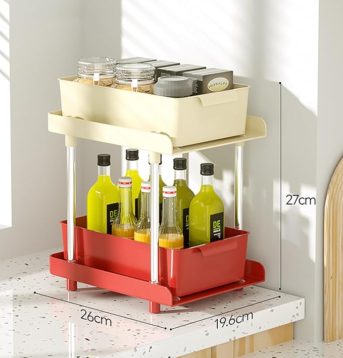 Under Sliding Cabinet Basket Organizer, 2 Layer Organizers (Red/Cream) - salesmania