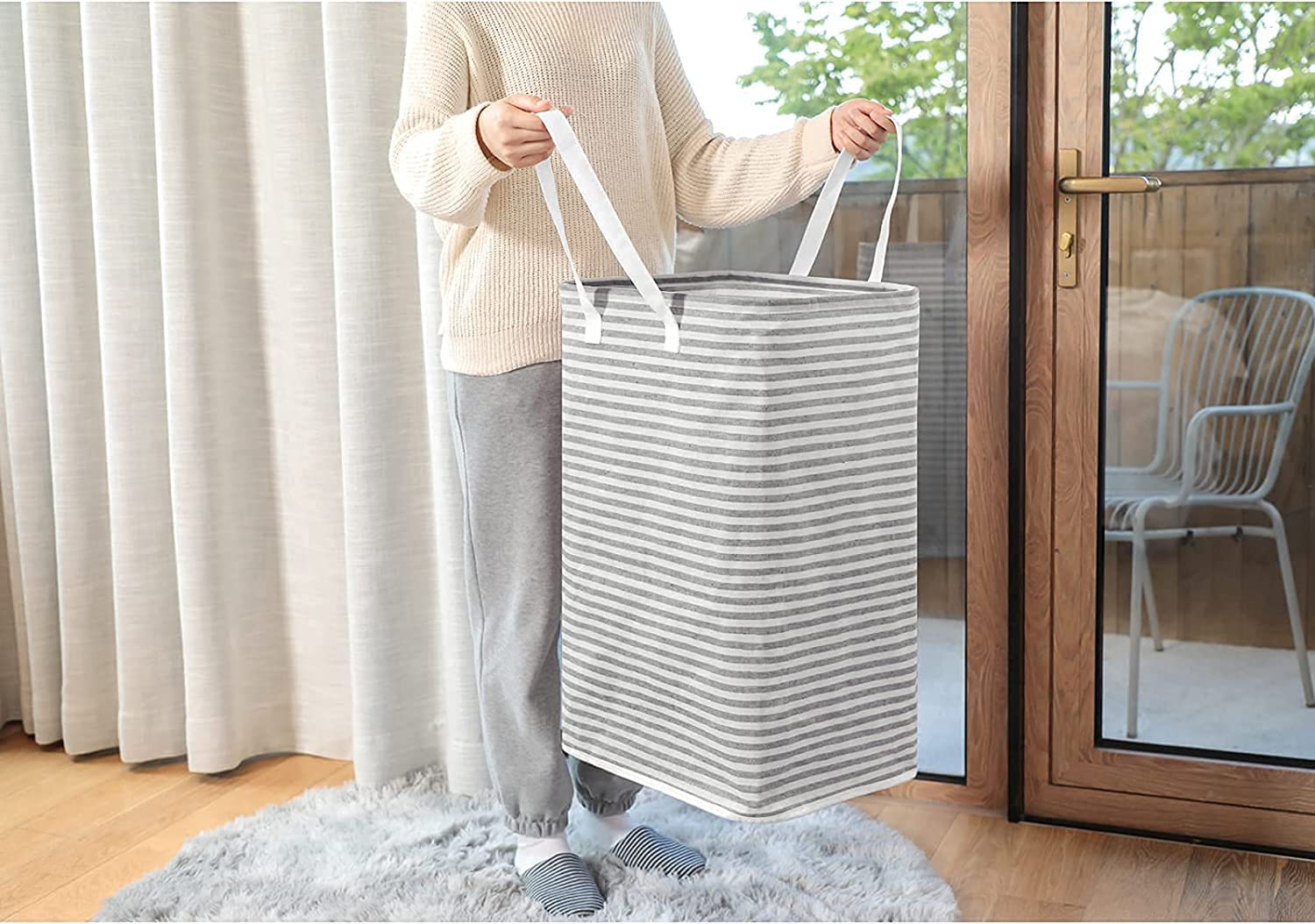 Waterproof Laundry Hamper Collapsible Baskets with Easy Carry Handles Extra Large - White Grey Stripe - salesmania