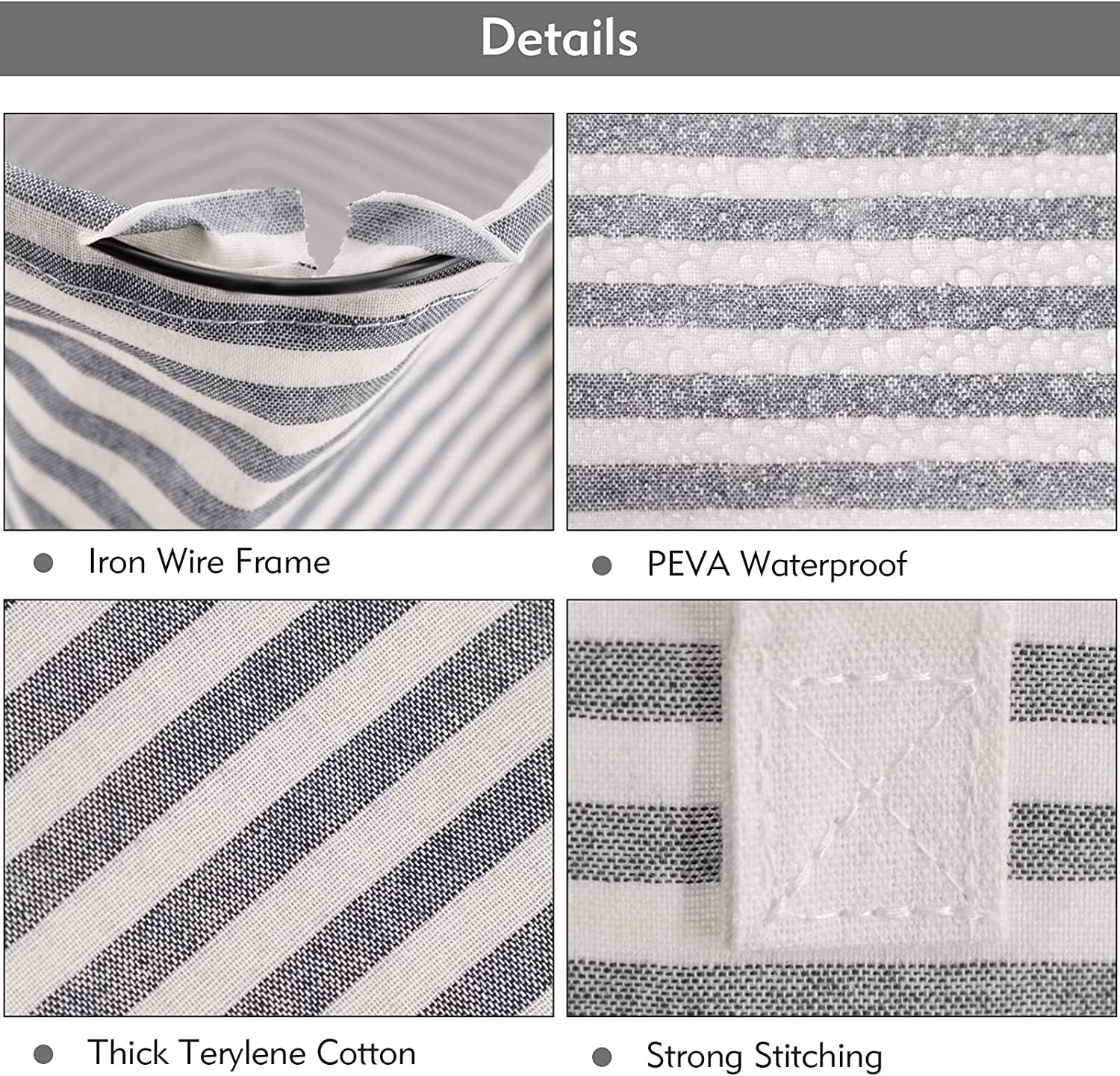 Waterproof Laundry Hamper Collapsible Baskets with Easy Carry Handles Extra Large - White Grey Stripe - salesmania