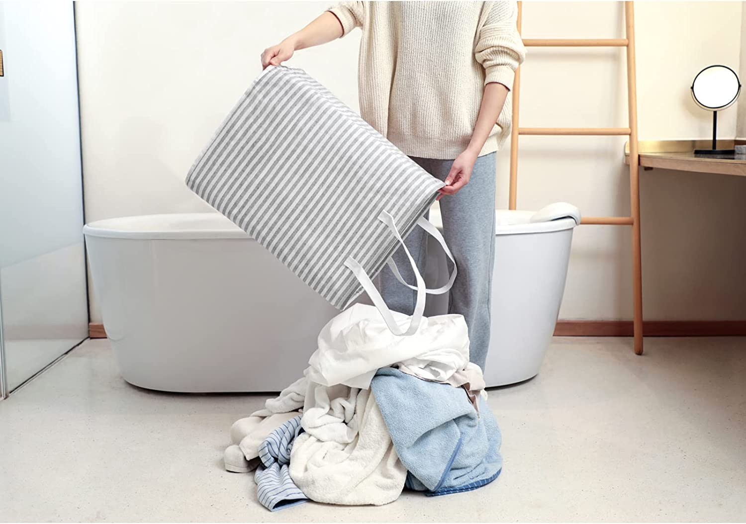 Waterproof Laundry Hamper Collapsible Baskets with Easy Carry Handles Large - White Grey Stripe - salesmania