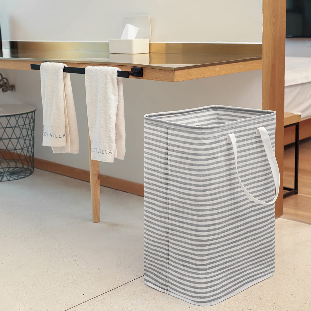 Waterproof Laundry Hamper Collapsible Baskets with Easy Carry Handles Large - White Grey Stripe - salesmania
