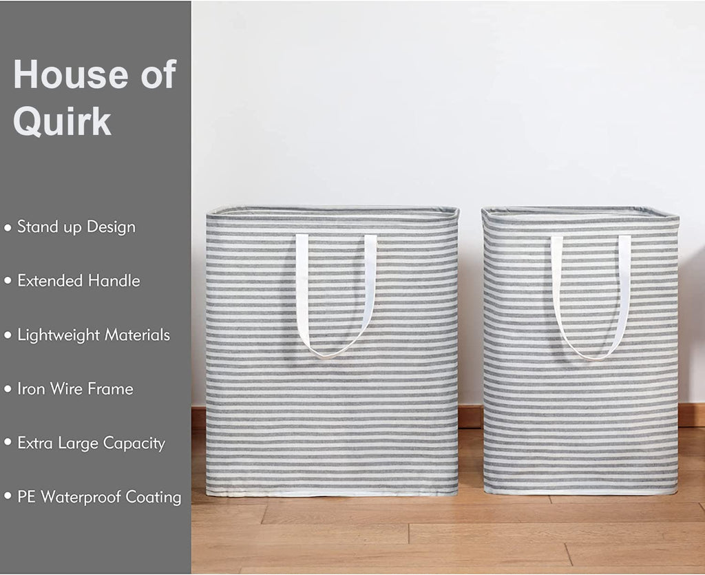 Waterproof Laundry Hamper Collapsible Baskets with Easy Carry Handles Large - White Grey Stripe - salesmania