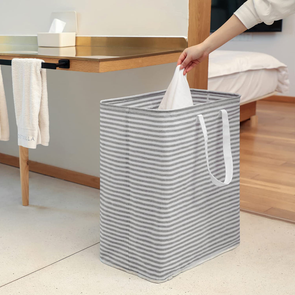 Waterproof Laundry Hamper Collapsible Baskets with Easy Carry Handles Large - White Grey Stripe - salesmania