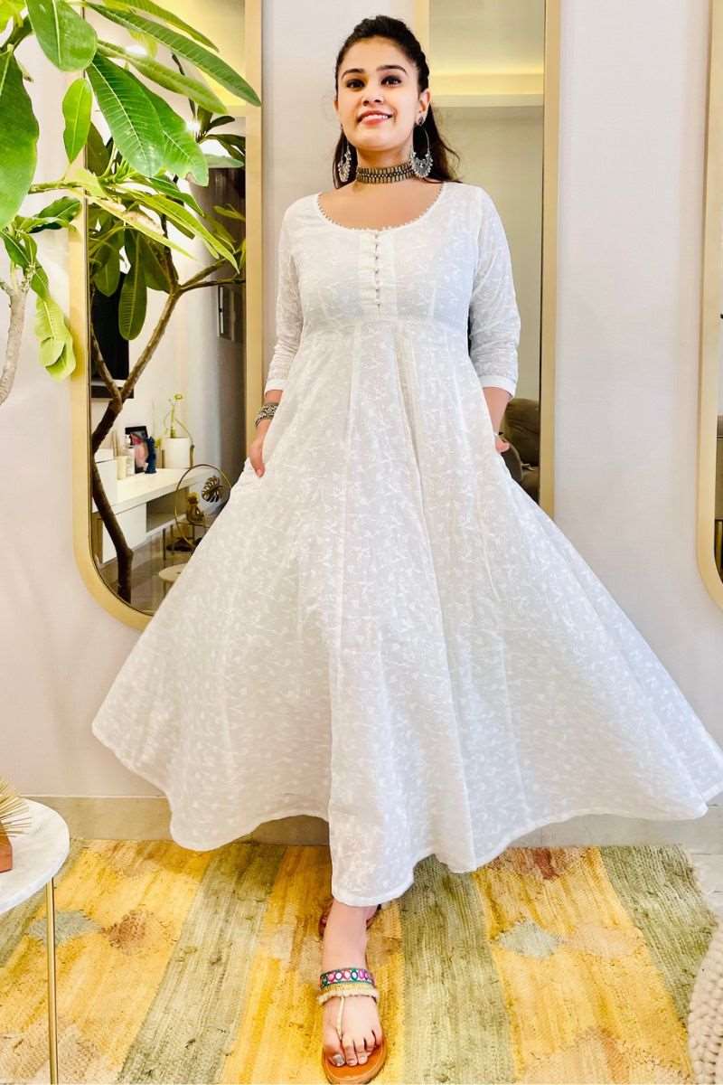 WHITE EMBROIDERED ANARKALI MAXI DRESS - salesmania