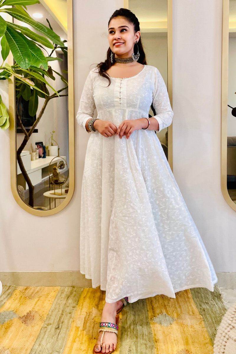 WHITE EMBROIDERED ANARKALI MAXI DRESS - salesmania