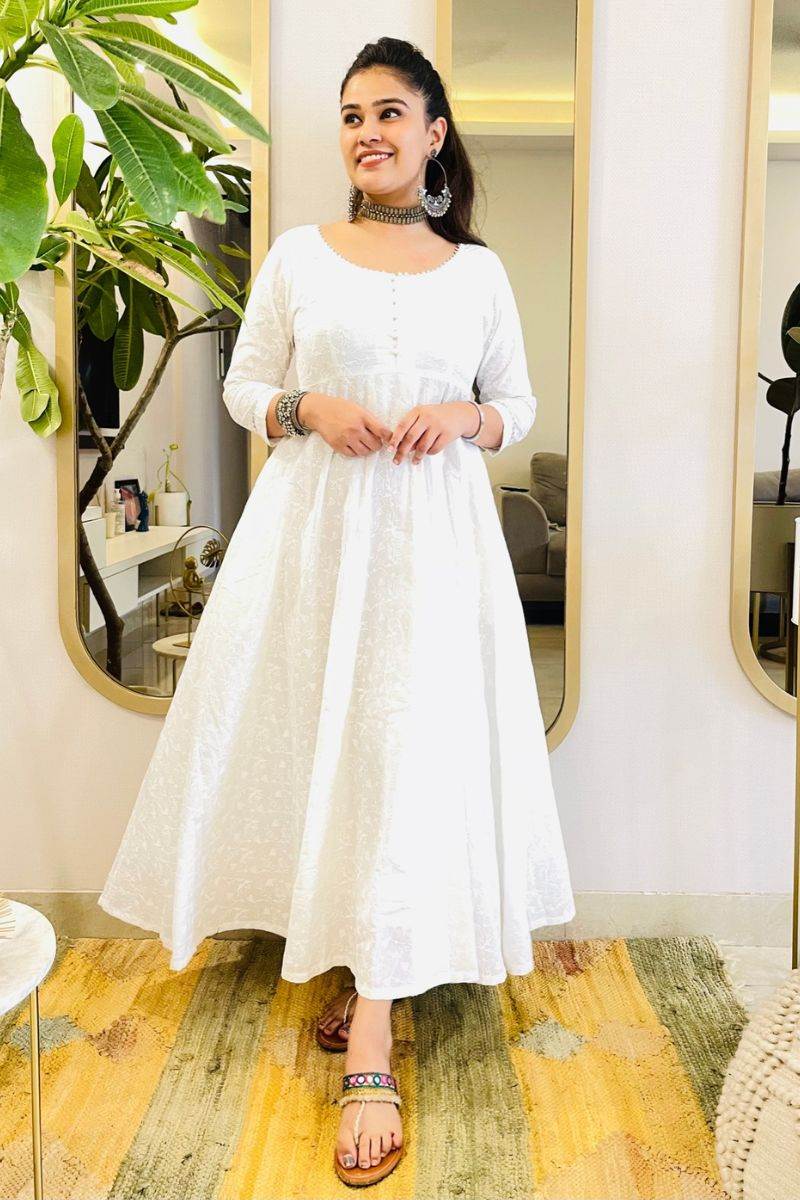 WHITE EMBROIDERED ANARKALI MAXI DRESS - salesmania