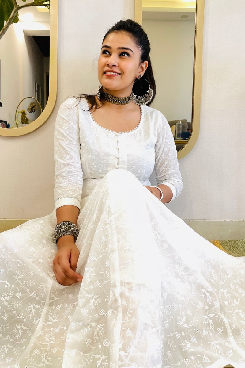 WHITE EMBROIDERED ANARKALI MAXI DRESS - salesmania