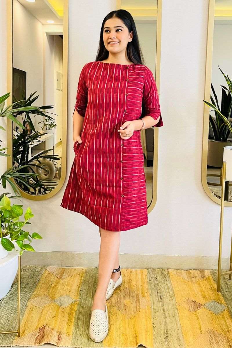 WINE IKAT FORMAL SHIFT DRESS WITH POCKETS - salesmania
