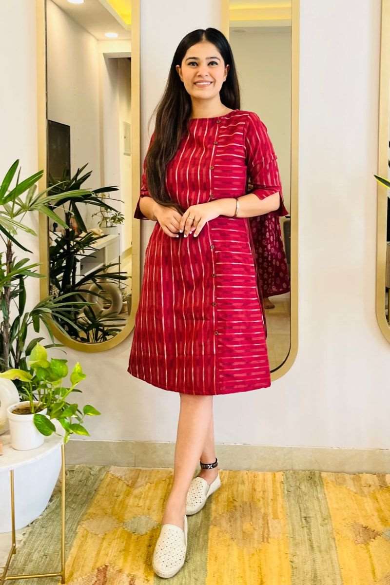 WINE IKAT FORMAL SHIFT DRESS WITH POCKETS - salesmania