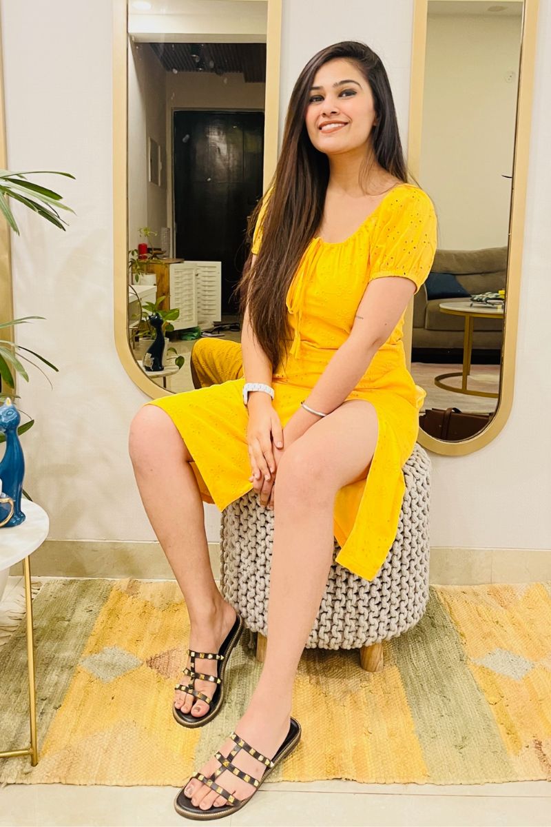 YELLOW SCHIFFLI EMBROIDERED SLIT DRESS - salesmania