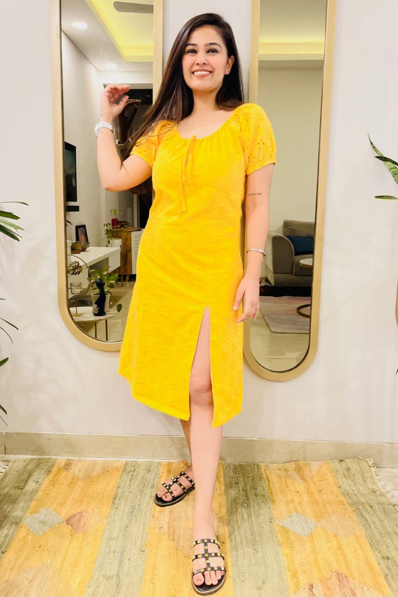 YELLOW SCHIFFLI EMBROIDERED SLIT DRESS - salesmania