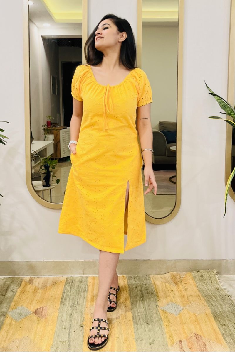 YELLOW SCHIFFLI EMBROIDERED SLIT DRESS - salesmania