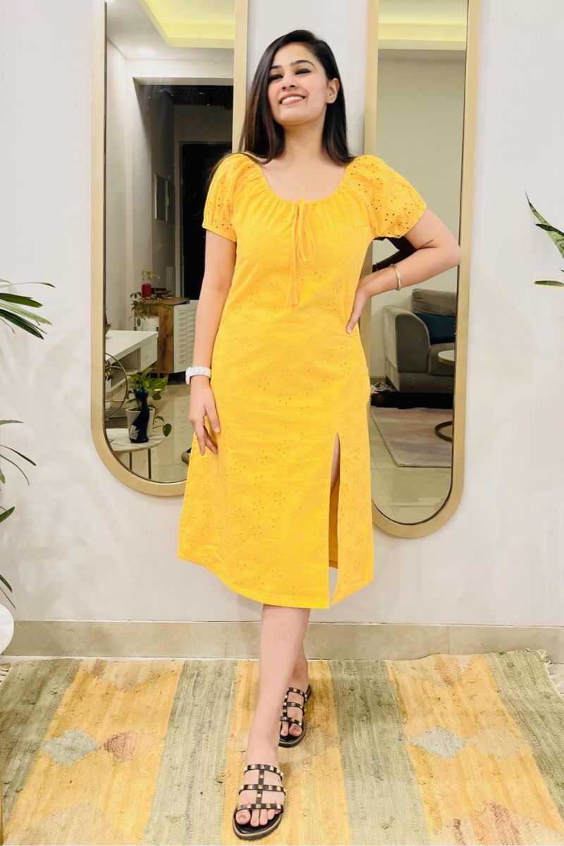 YELLOW SCHIFFLI EMBROIDERED SLIT DRESS - salesmania